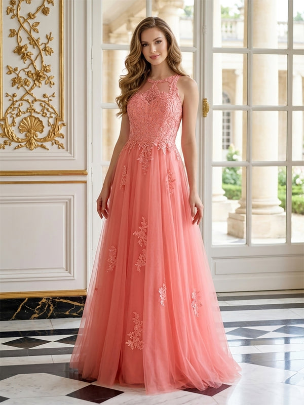 Tulle A-Line Scoop Neck Long Evening Dresses with Lace Applique