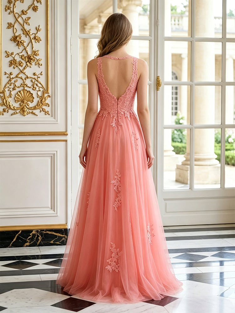 Tulle A-Line Scoop Neck Long Evening Dresses with Lace Applique