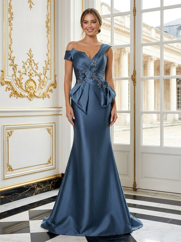 Satin Mermaid Asymmetric Neck Long Evening Dresses with 3D Flowers