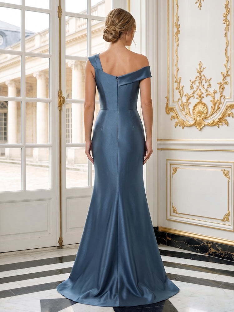 Satin Mermaid Asymmetric Neck Long Evening Dresses with 3D Flowers