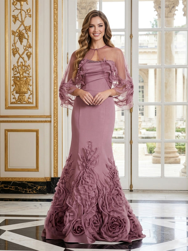 Satin Mermaid Strapless Long Evening Dresses with 3D Flowers
