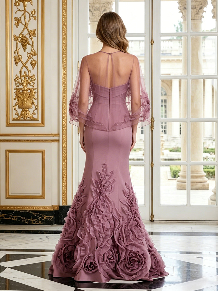 Satin Mermaid Strapless Long Evening Dresses with 3D Flowers