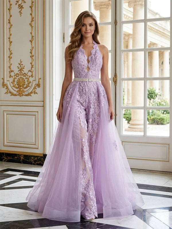Tulle Jumpsuit Halter Long Evening Dresses with Applique