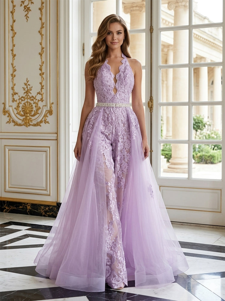 Tulle Jumpsuit Halter Long Evening Dresses with Applique