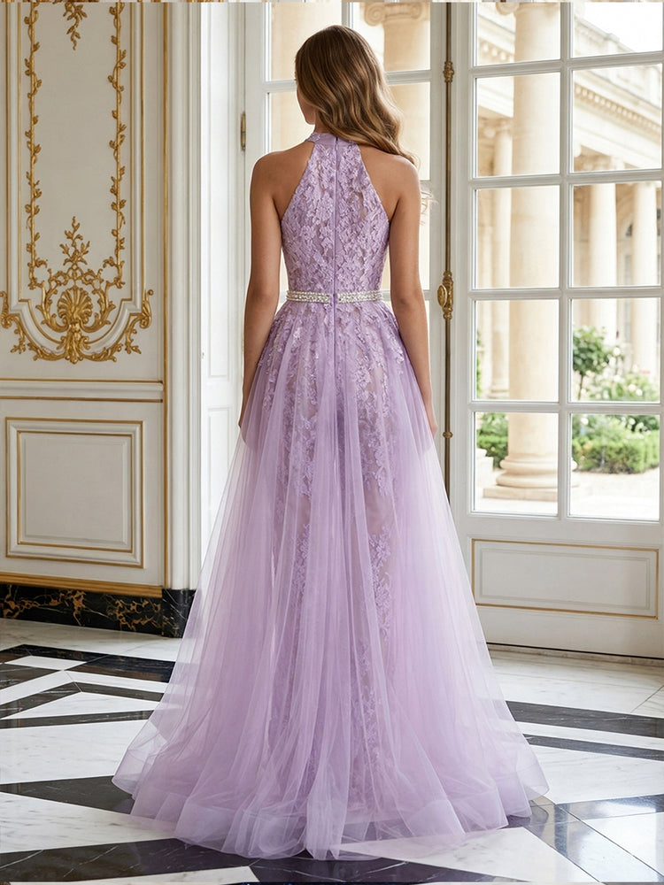 Tulle Jumpsuit Halter Long Evening Dresses with Applique