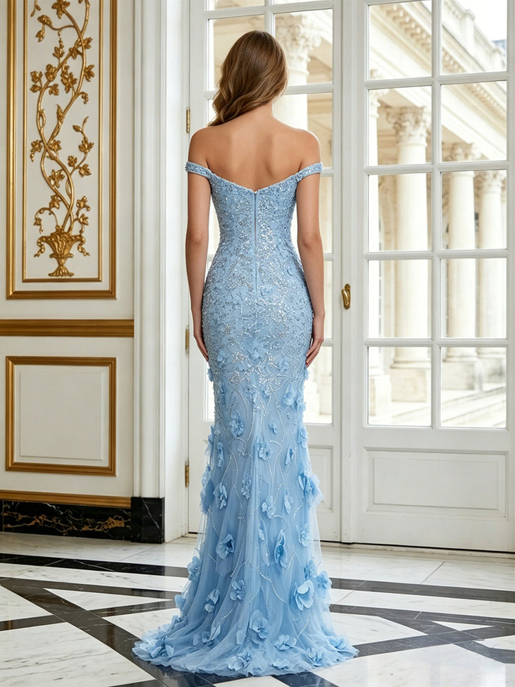 Tulle Mermaid Off the Shoulder Long Evening Dresses with 3D Flowers