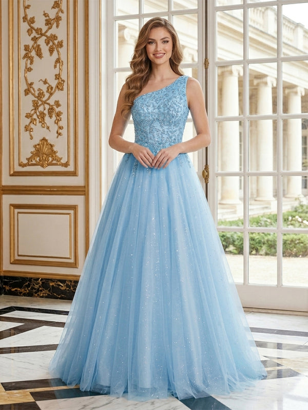 Tulle A-Line One Shoulder Long Evening Dresses with Lace Applique
