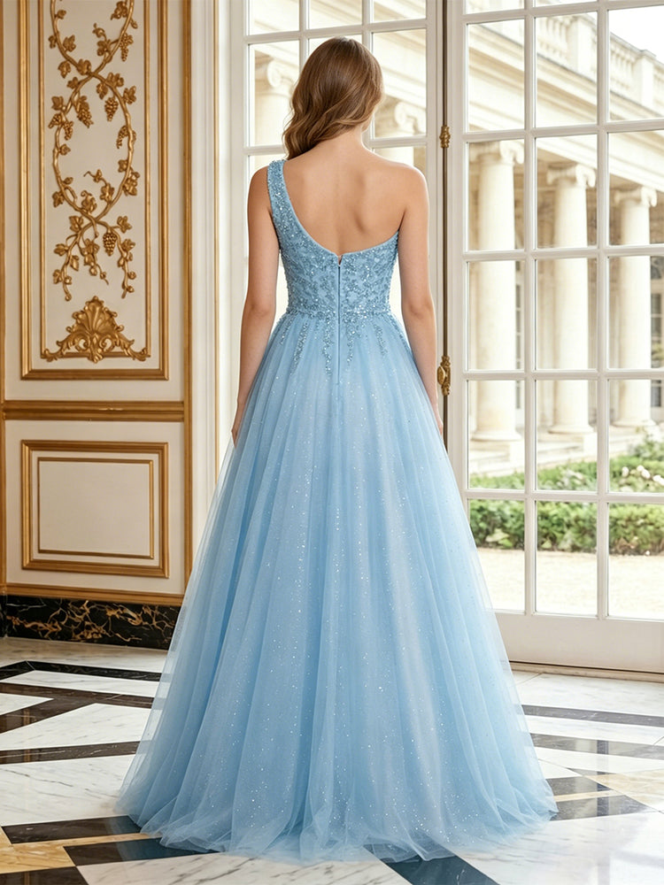 Tulle A-Line One Shoulder Long Evening Dresses with Lace Applique