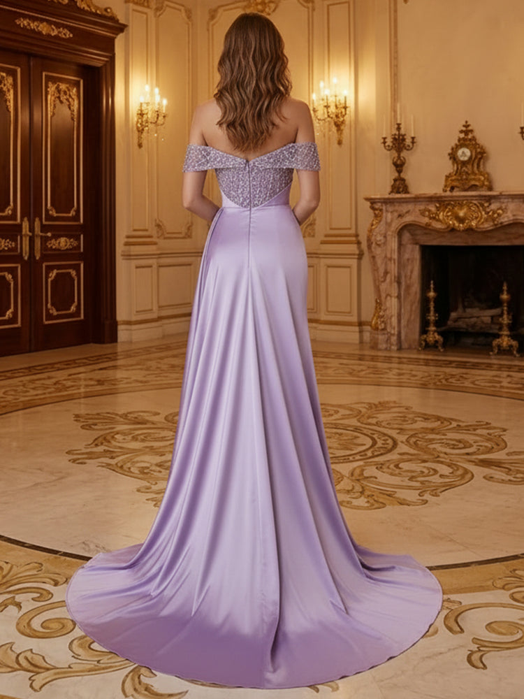 Satin Mermaid Off the Shoulder Long Evening Dresses with Sequin