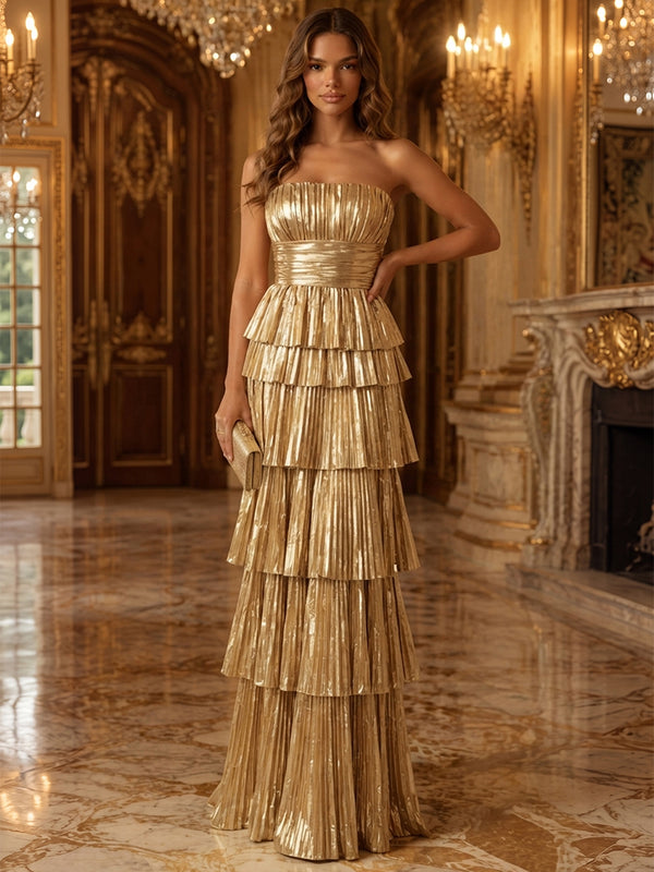 Metallic Satin A-Line Strapless Long Evening Dresses with Tiered Ruffles
