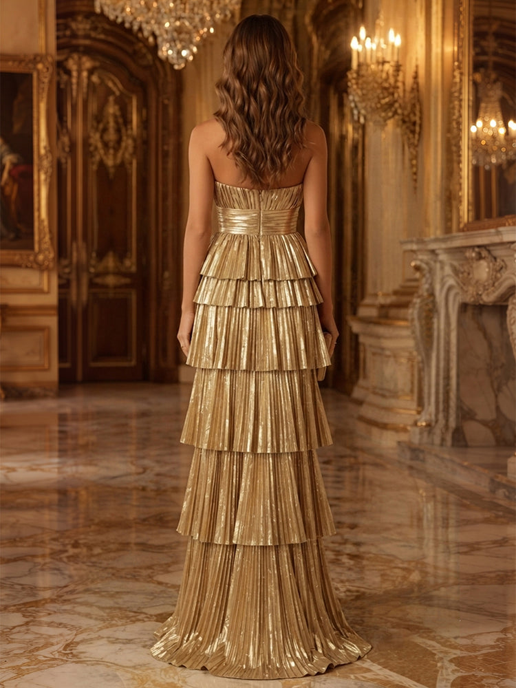 Metallic Satin A-Line Strapless Long Evening Dresses with Tiered Ruffles