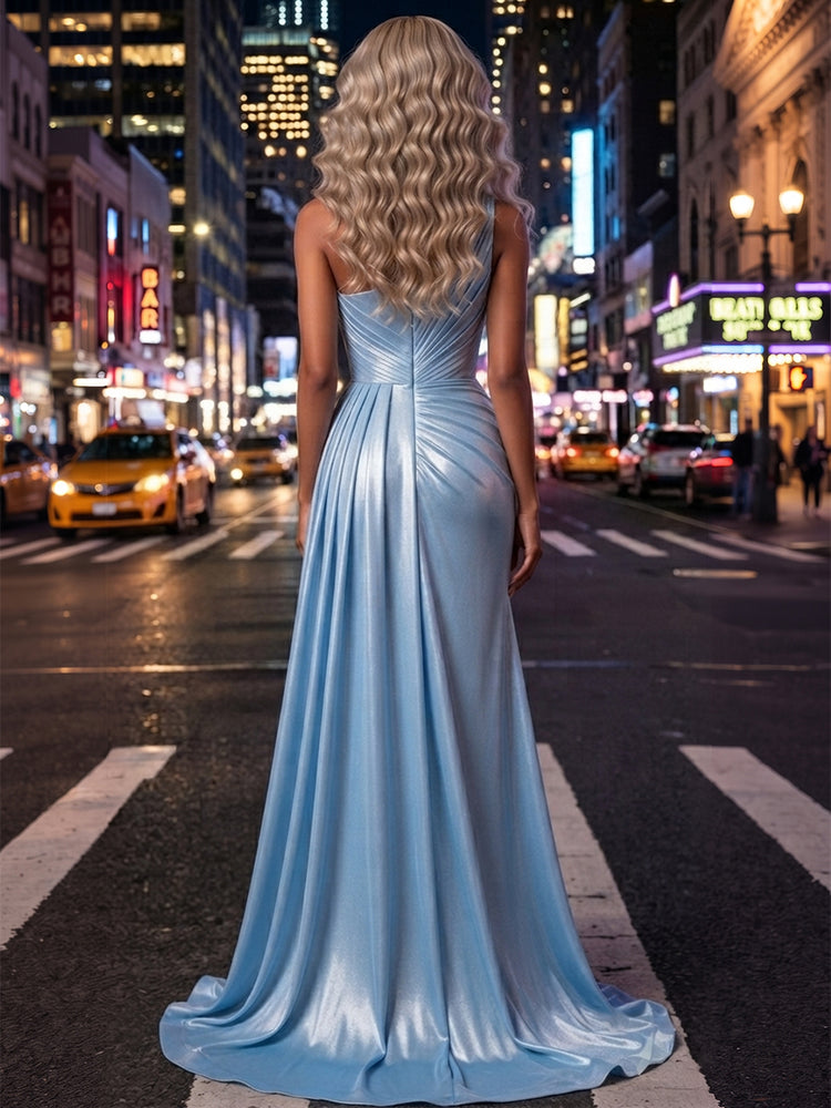Metallic Satin Mermaid One Shoulder Long Evening Dresses with Split Side
