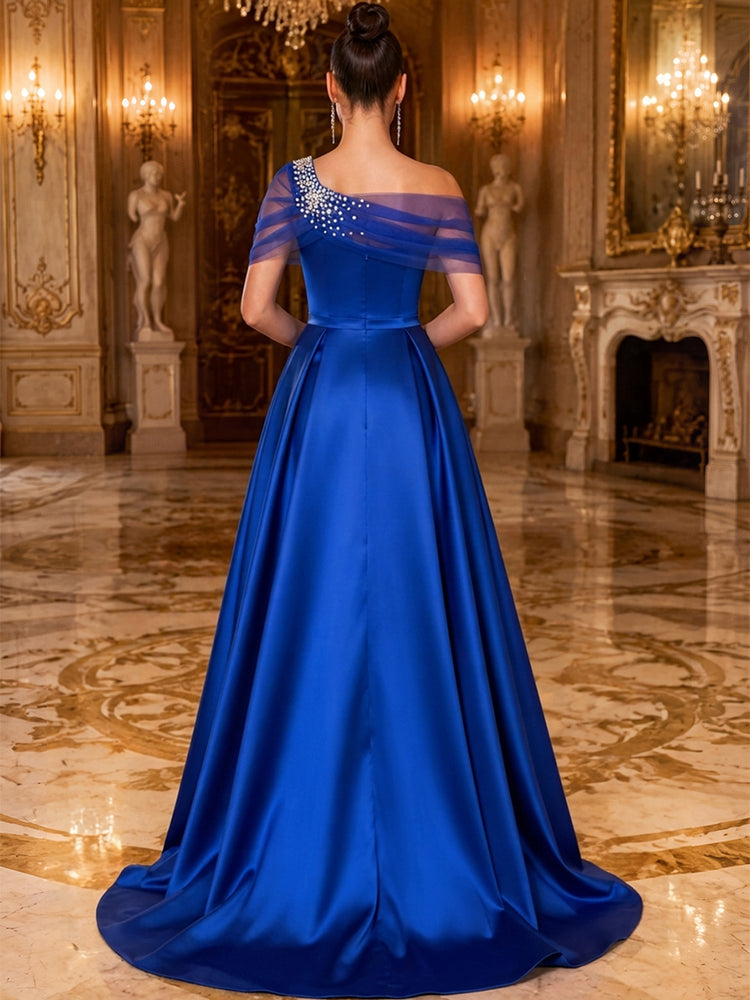 Satin A-Line One Shoulder Long Evening Dresses with Beadings