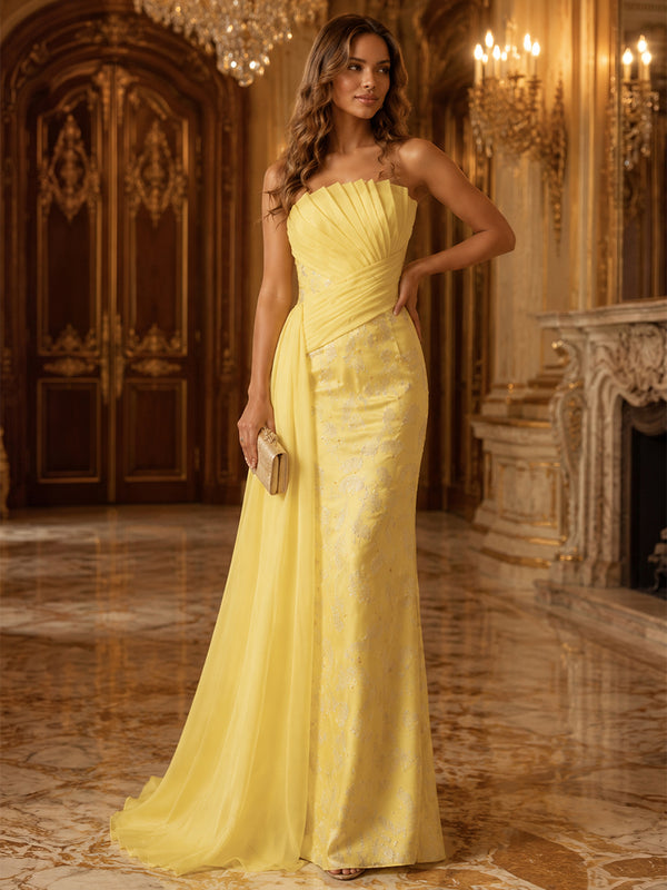 Jacquard Mermaid Strapless Long Evening Dresses with Sash