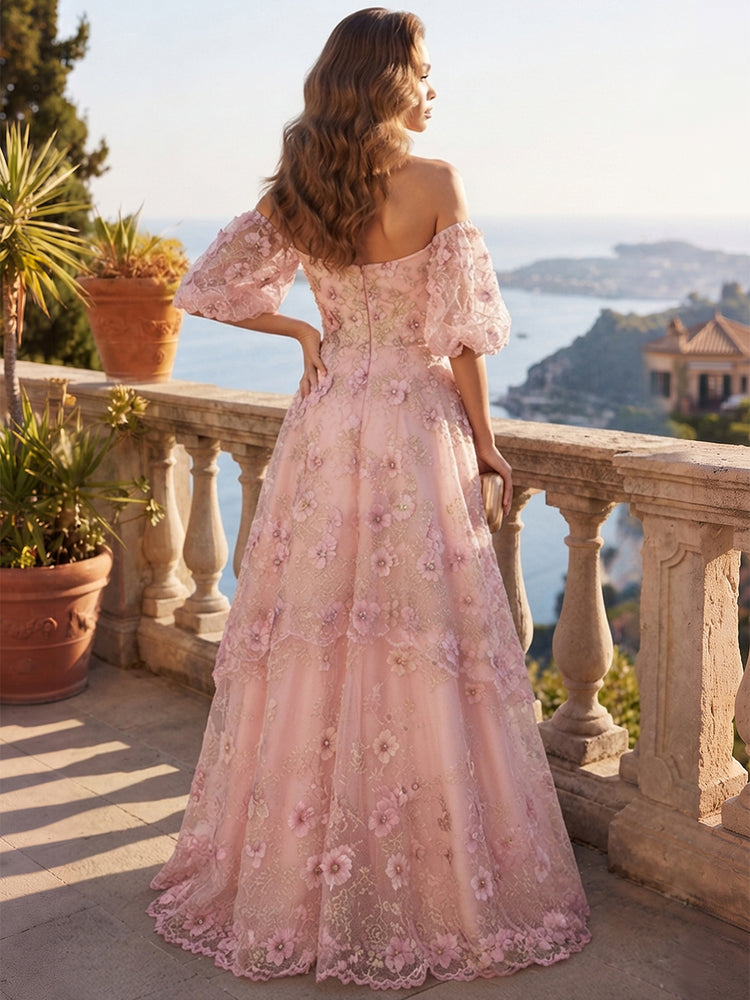 Tulle A-Line Off the Shoulder Long Evening Dresses with 3D Flowers