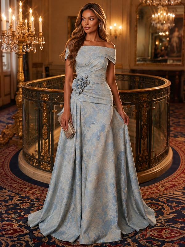 Jacquard A-Line Off the Shoulder Long Evening Dresses with 3D Flowers