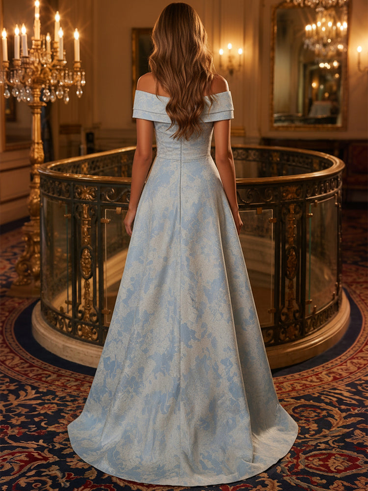 Jacquard A-Line Off the Shoulder Long Evening Dresses with 3D Flowers
