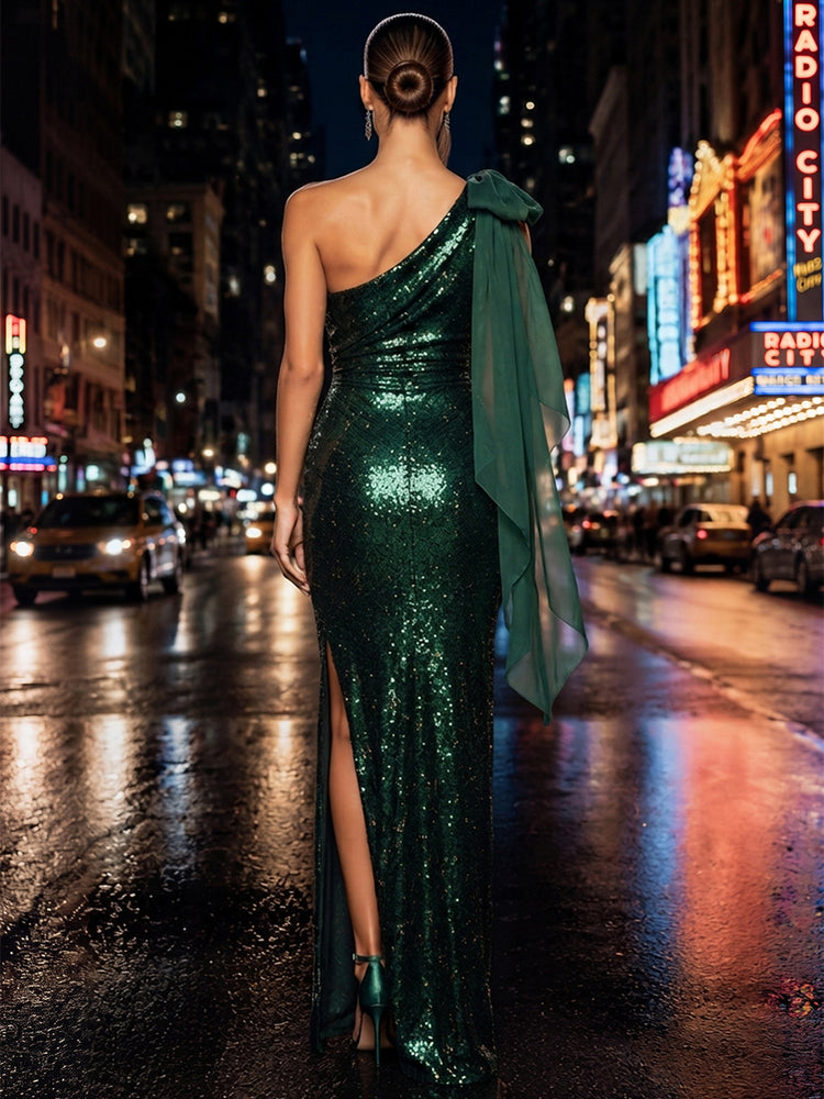 Sequin Sheath One Shoulder Long Evening Dresses with Front Slit