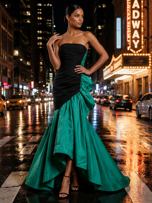 Satin Mermaid Strapless Long Evening Dresses with Ruffles