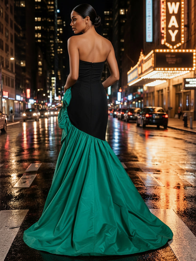 Satin Mermaid Strapless Long Evening Dresses with Ruffles