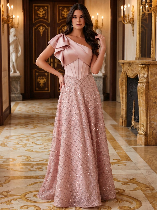 Satin A-Line One Shoulder Long Evening Dresses with Bow
