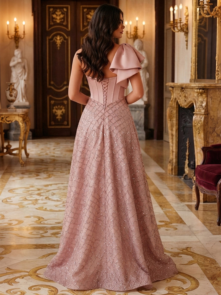 Satin A-Line One Shoulder Long Evening Dresses with Bow
