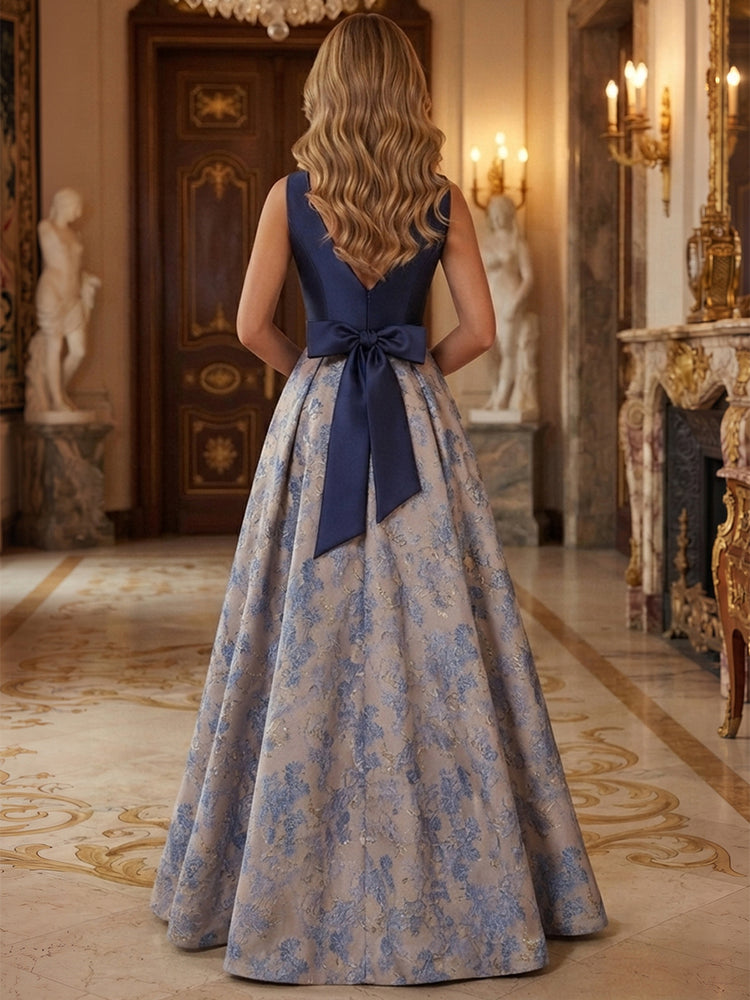 Jacquard A-Line V Neck Long Evening Dresses with Bow