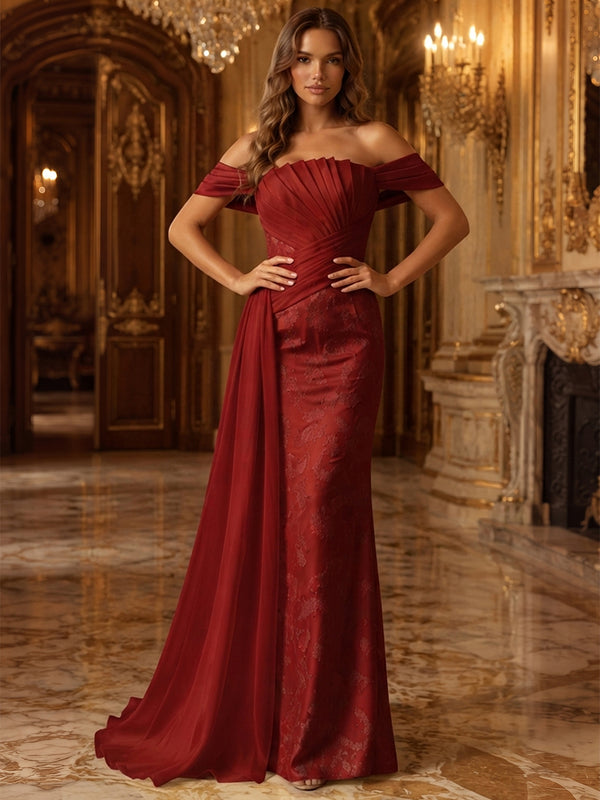 Jacquard Mermaid Off the Shoulder Long Evening Dresses with Sash