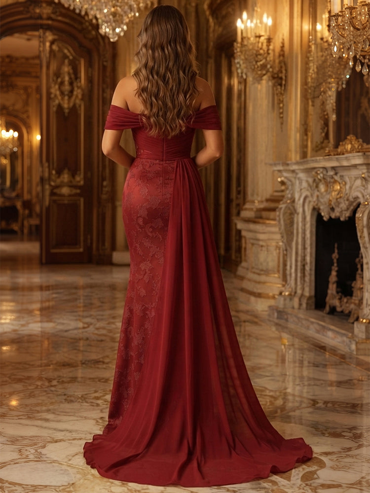 Jacquard Mermaid Off the Shoulder Long Evening Dresses with Sash