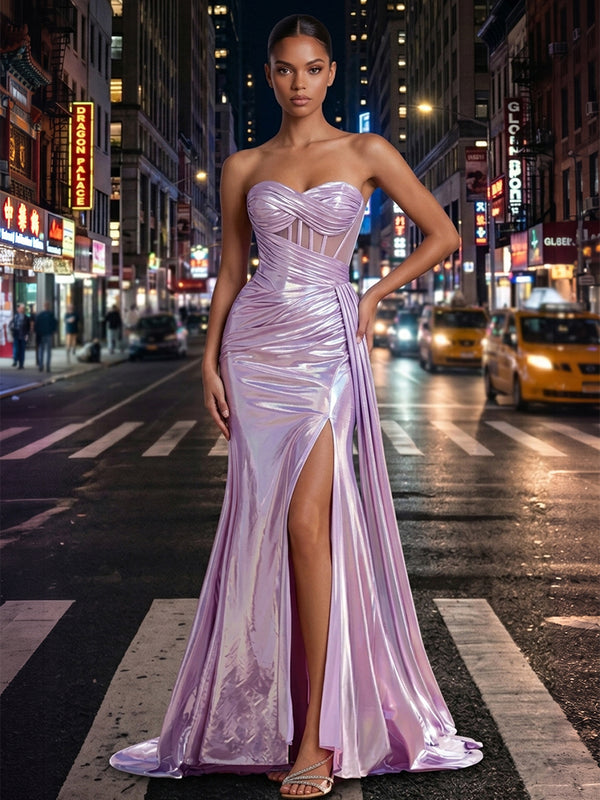 Metallic Satin Mermaid Sweetheart Long Evening Dresses with Split Side