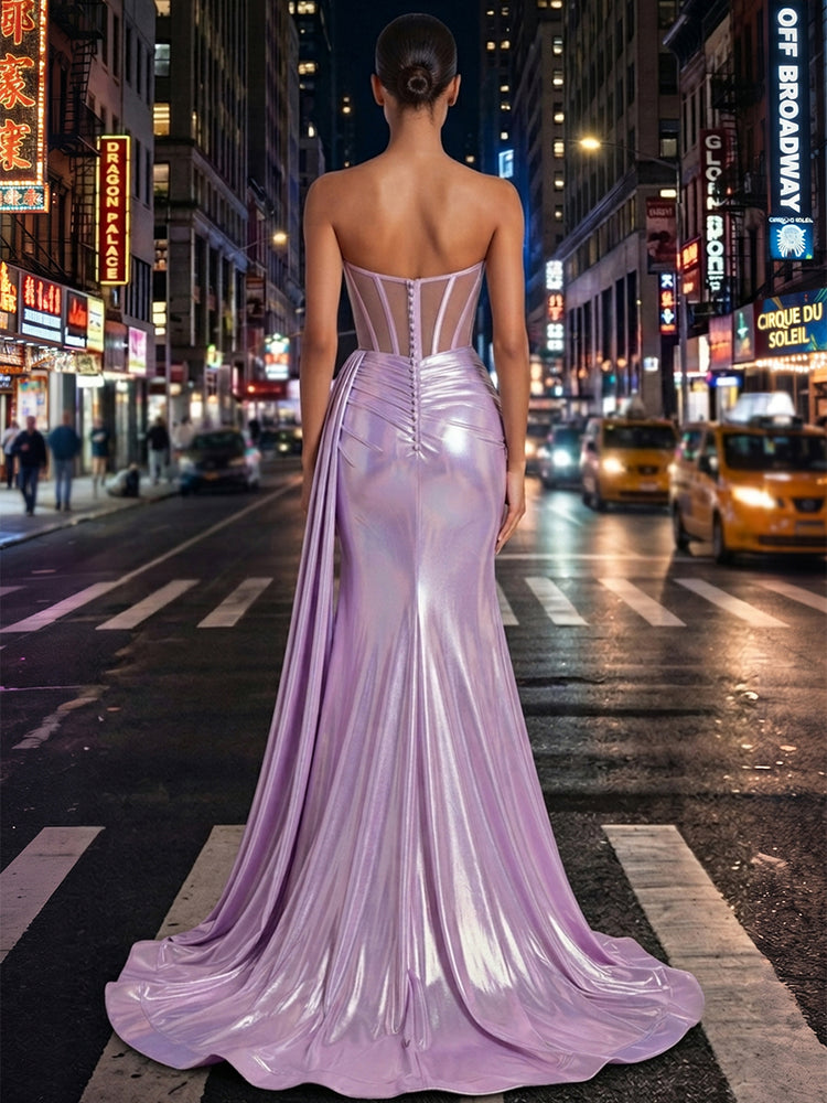 Metallic Satin Mermaid Sweetheart Long Evening Dresses with Split Side