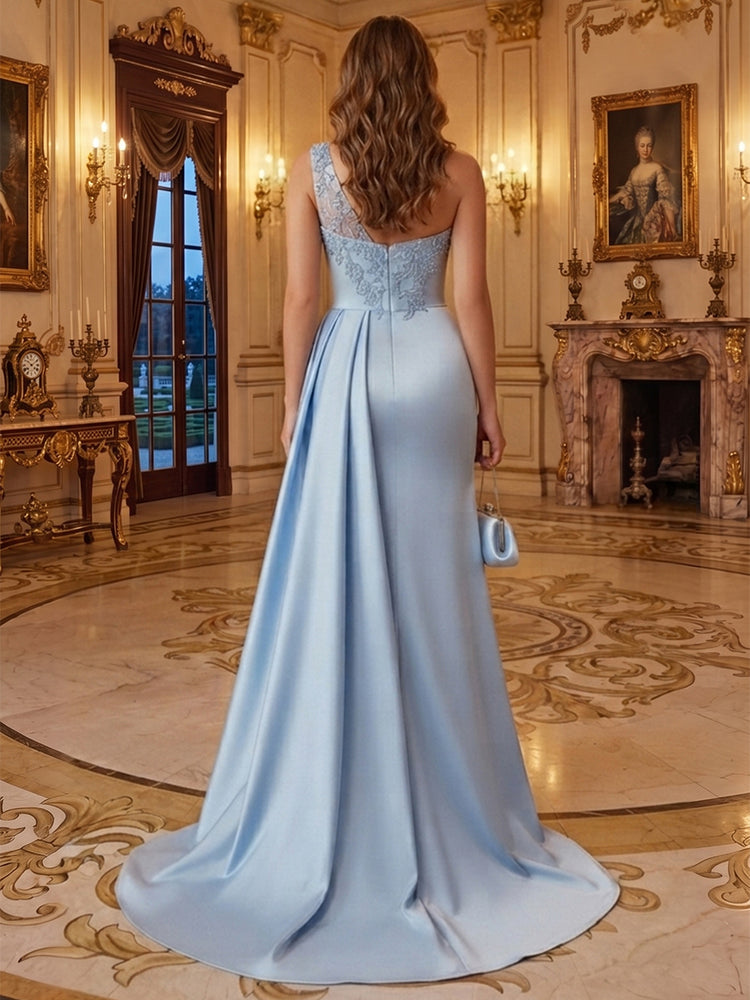 Satin Sheath One Shoulder Long Evening Dresses with Applique