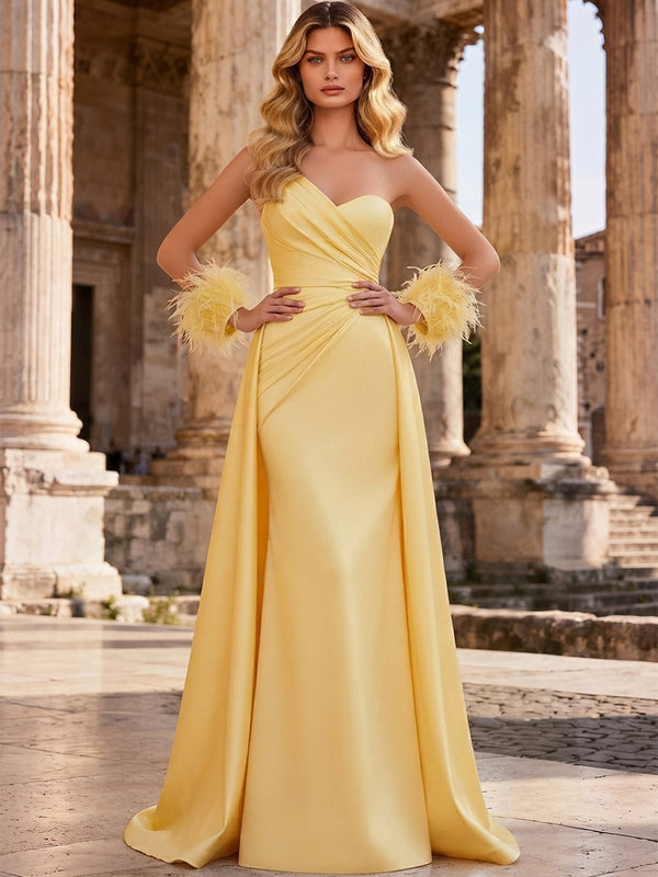 Satin A-Line One Shoulder Long Evening Dresses with Feather