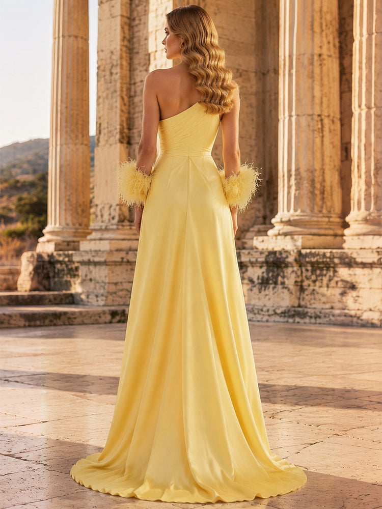 Satin A-Line One Shoulder Long Evening Dresses with Feather