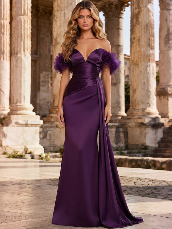 Satin Mermaid Off the Shoulder Long Evening Dresses with Feather