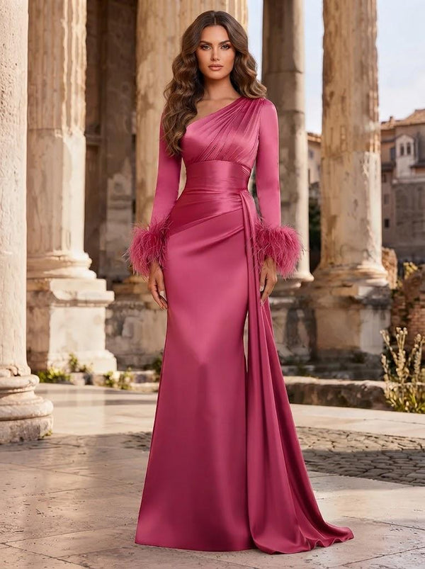 Satin Mermaid Asymmetric Neck Long Evening Dresses with Feather