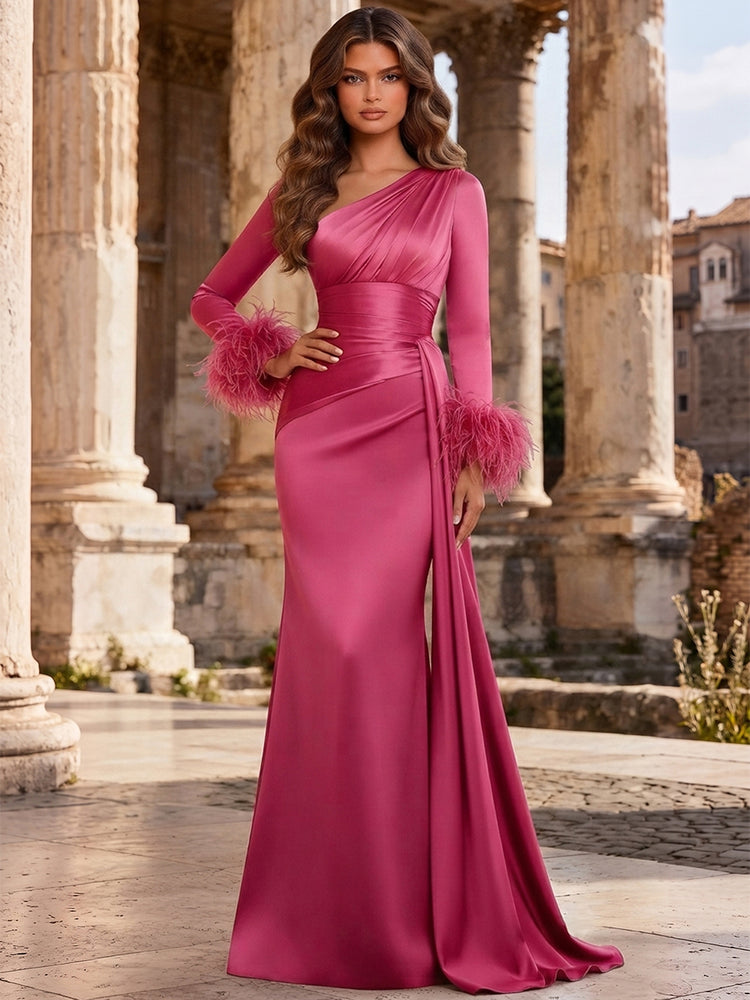 Satin Mermaid Asymmetric Neck Long Evening Dresses with Feather