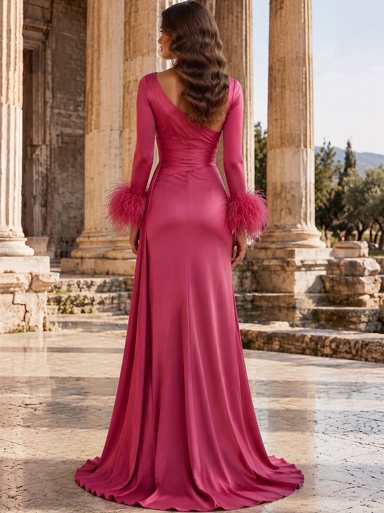 Satin Mermaid Asymmetric Neck Long Evening Dresses with Feather