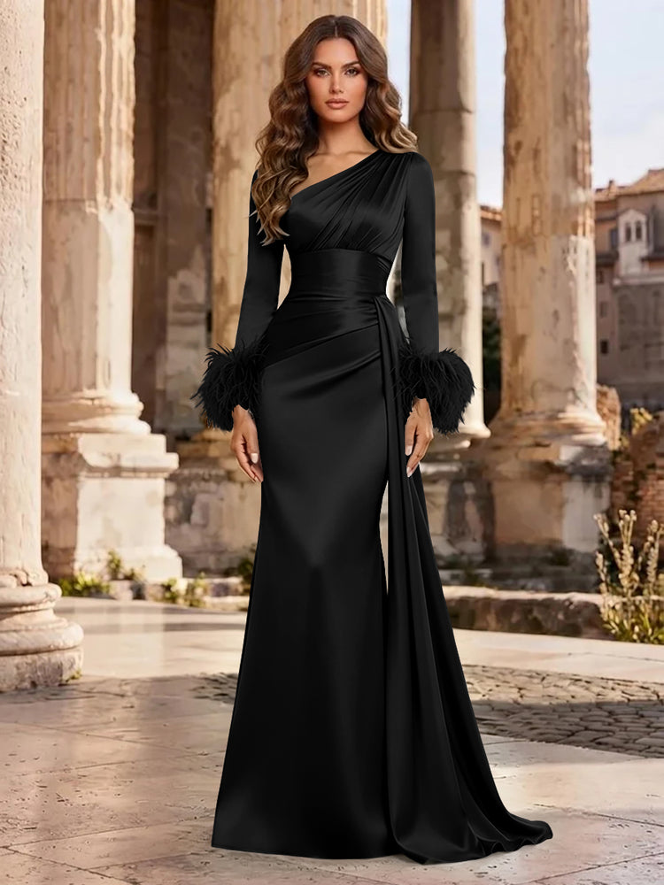 Satin Mermaid Asymmetric Neck Long Evening Dresses with Feather