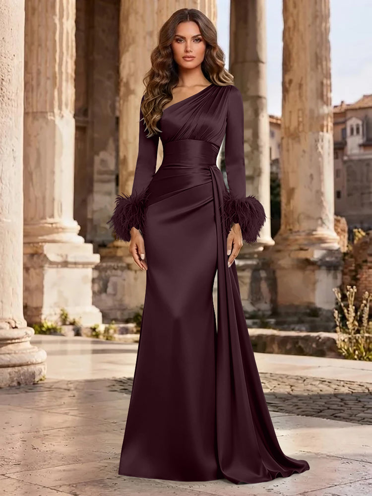 Satin Mermaid Asymmetric Neck Long Evening Dresses with Feather