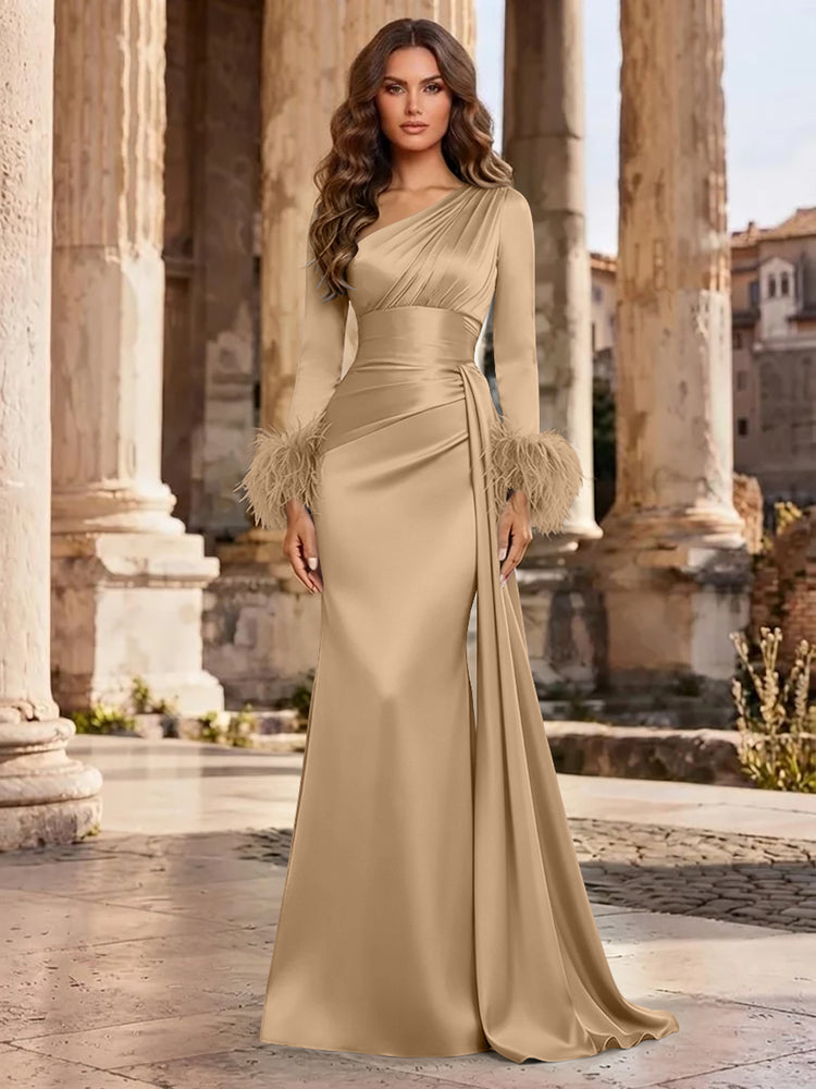 Satin Mermaid Asymmetric Neck Long Evening Dresses with Feather