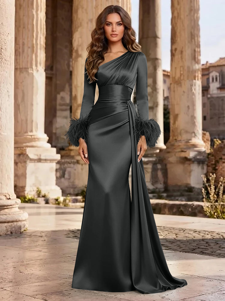 Satin Mermaid Asymmetric Neck Long Evening Dresses with Feather