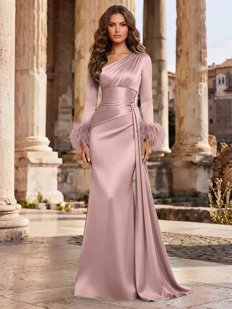 Satin Mermaid Asymmetric Neck Long Evening Dresses with Feather