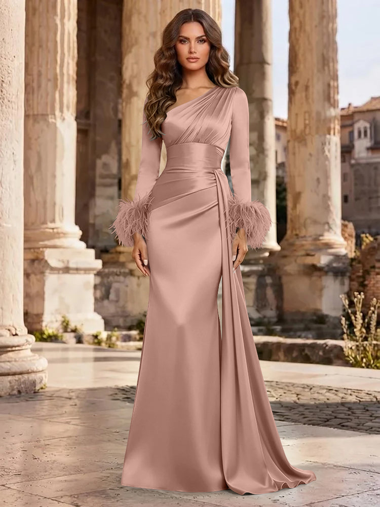 Satin Mermaid Asymmetric Neck Long Evening Dresses with Feather