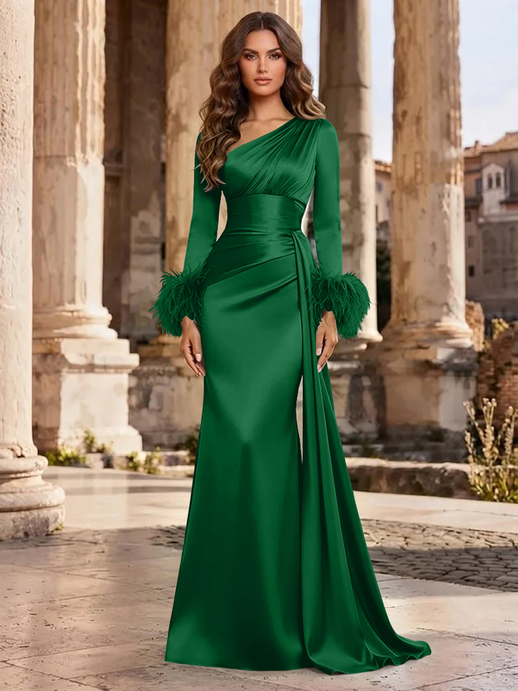 Satin Mermaid Asymmetric Neck Long Evening Dresses with Feather