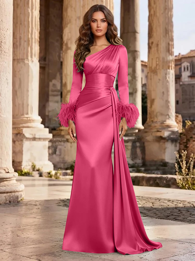 Satin Mermaid Asymmetric Neck Long Evening Dresses with Feather
