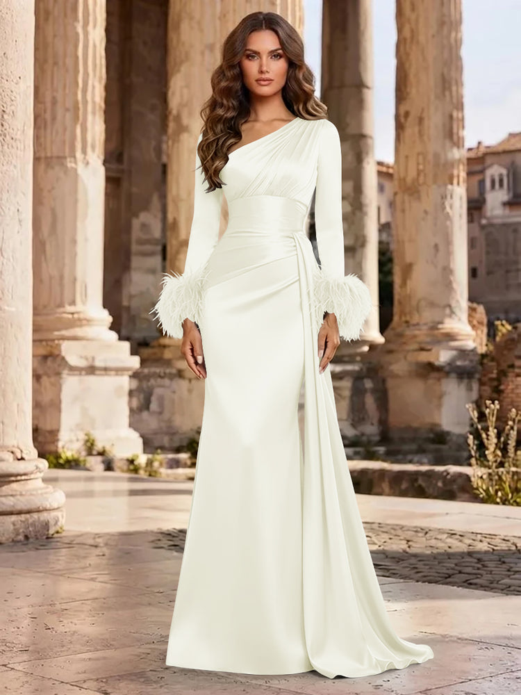 Satin Mermaid Asymmetric Neck Long Evening Dresses with Feather
