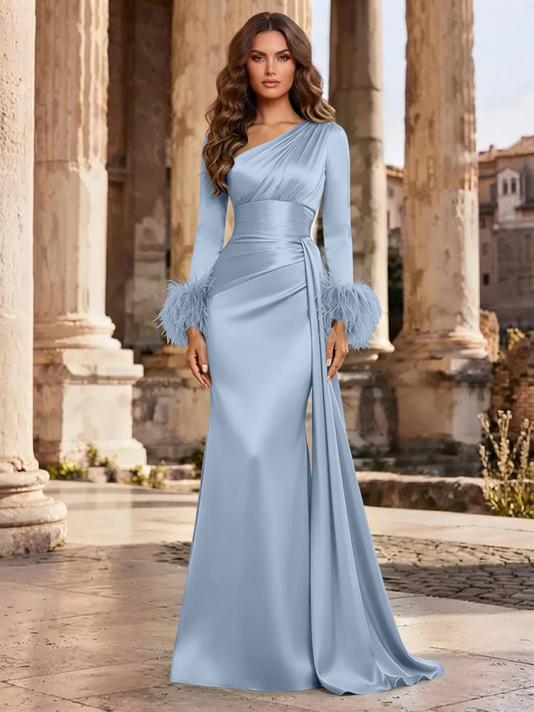 Satin Mermaid Asymmetric Neck Long Evening Dresses with Feather
