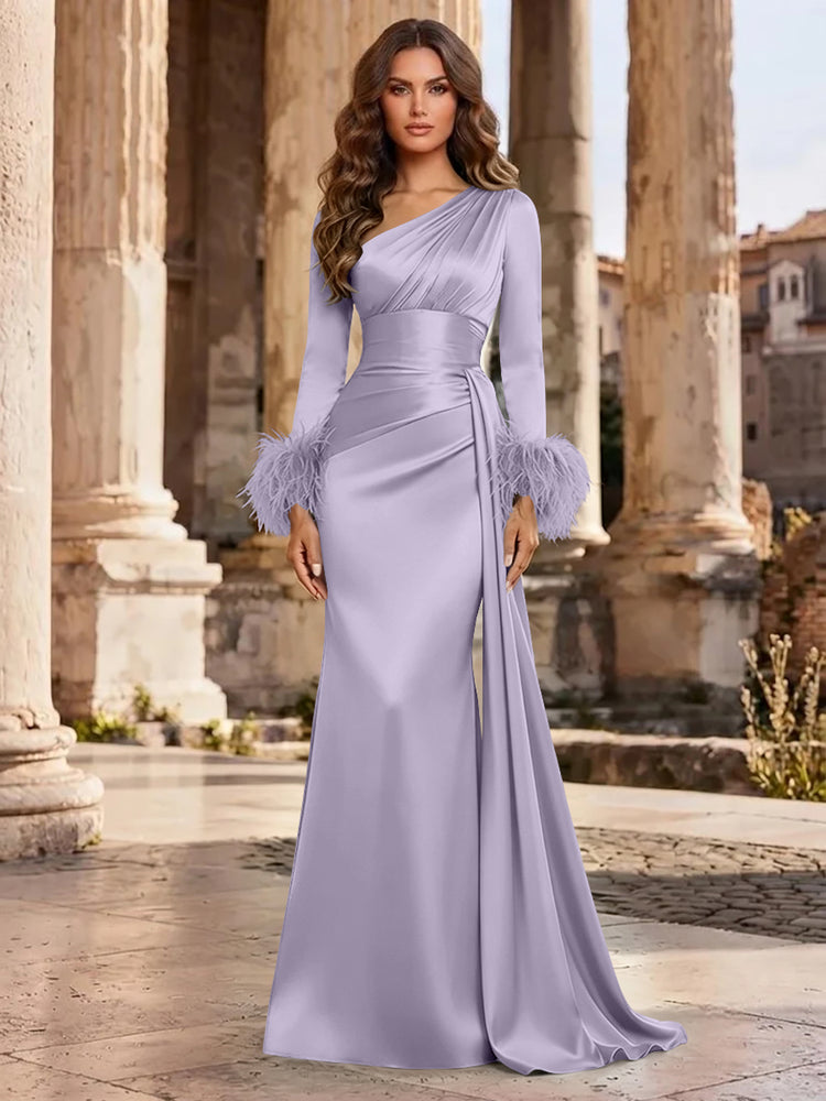Satin Mermaid Asymmetric Neck Long Evening Dresses with Feather