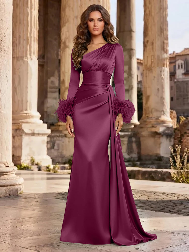Satin Mermaid Asymmetric Neck Long Evening Dresses with Feather